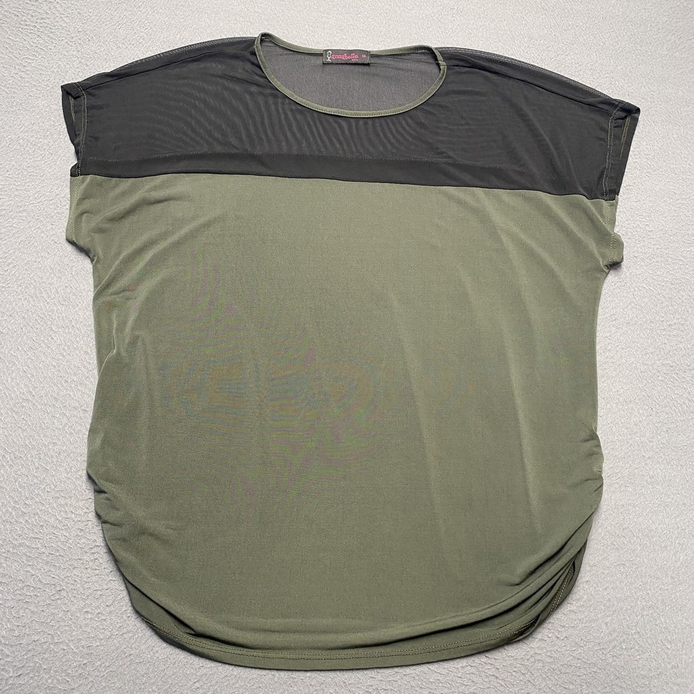 Annabelle Shirt Womens 1X Green Black Sheer Yoke Colorblock Tunic Cap Sleeve